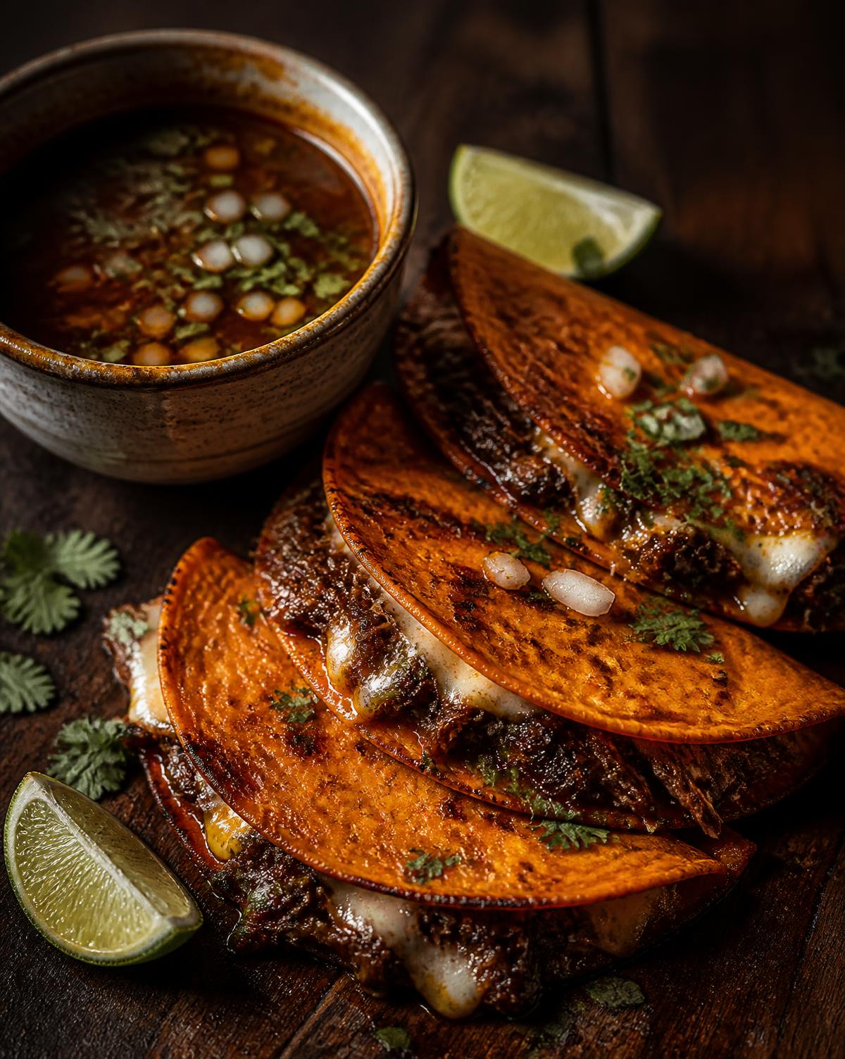 Birria tacos with a bowl of consomé for dipping