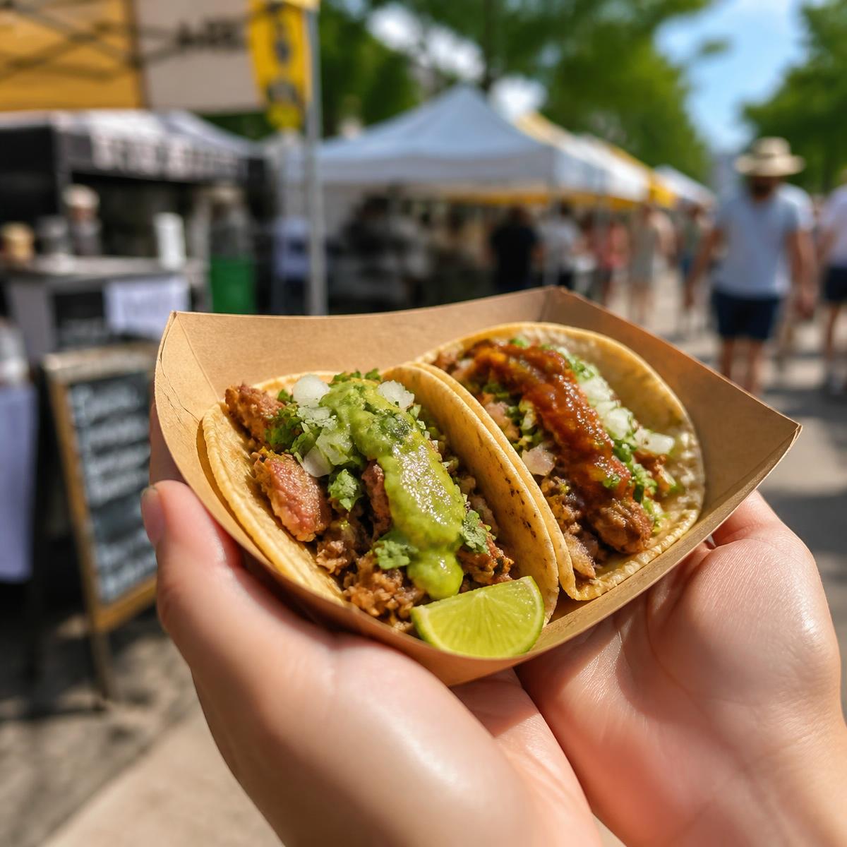 A paper tray of two tacos held up at an outdoor market
