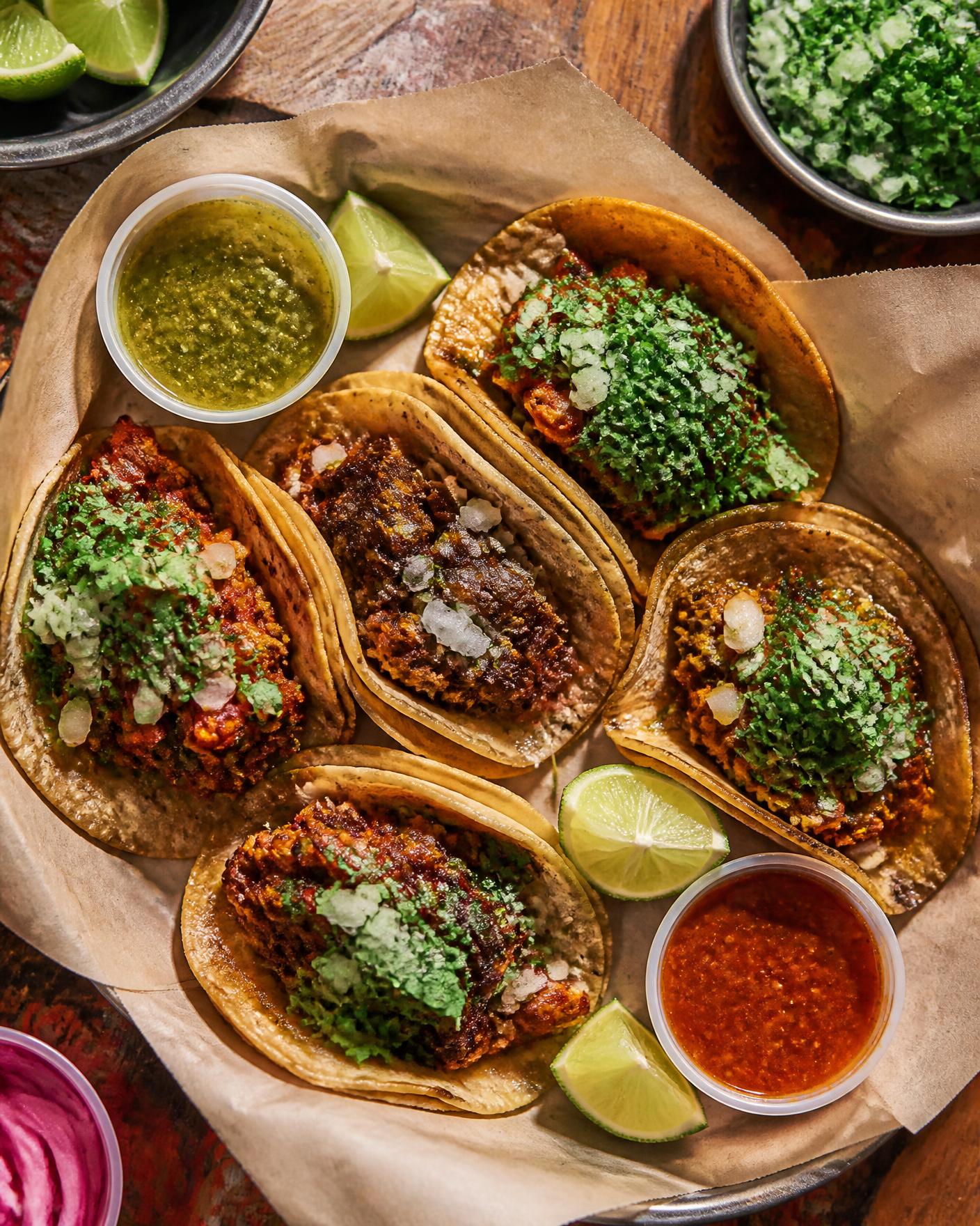 Tray of street tacos with lime wedges and red and green salsa
