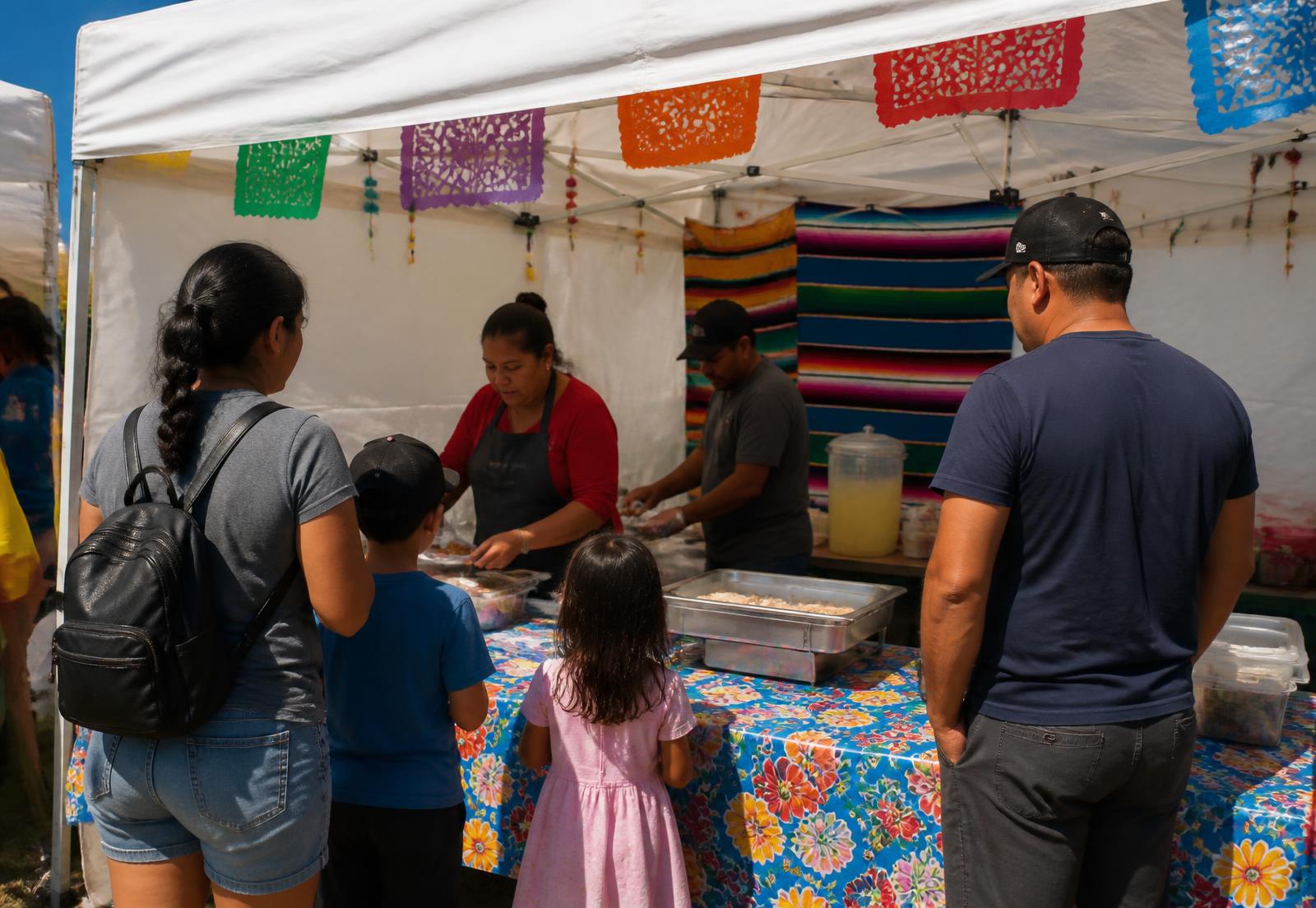 Family-run food booth serving customers at an outdoor farmers market